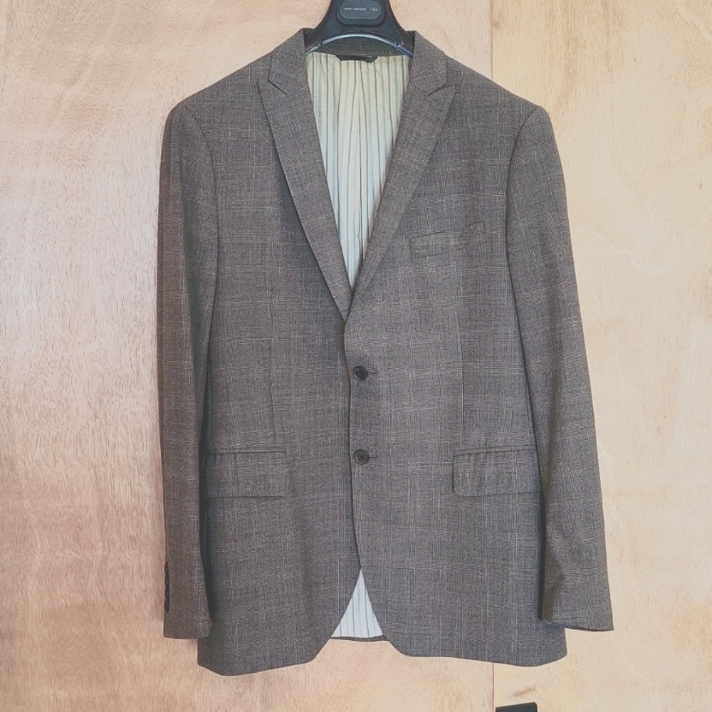 John Varvatos virgin wool Italian made brown plaid blazer, 42R (52)